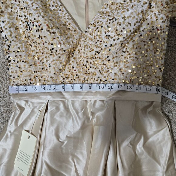 (Fits 14) NWT Unbranded Champagne-Gold Velvet-Sequin Ballgown w Satin Skirt - Picture 9 of 11